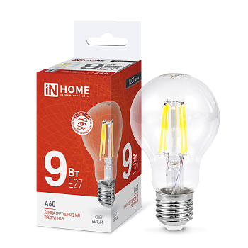 Лампа светодиодная LED-A60-deco 9Вт 230В Е27 4000К 1040Лм прозрачная IN HOME в Хабаровске