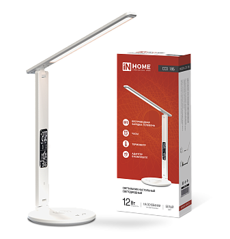 Светильник настольный светодиодный PLUS ССО-18Б 12Вт 3000-6500К 600Лм сенсор, с беспроводной зарядкой, часы, температура, с адаптером БЕЛЫЙ IN HOME в Хабаровске
