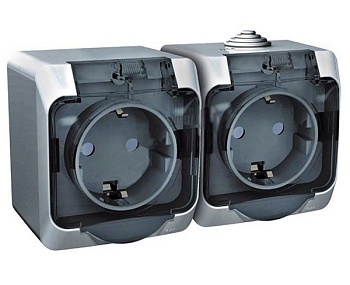Розетка двойная ЭТЮД SE накладная со шторками c крышкой полугерметичная с з/к серая в Хабаровске