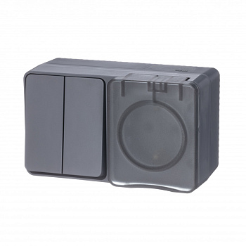 Выключатель двухклавишный с розеткой AtlasDesign SE Profi54 с заземлением со шторкой с крышкой накладной антрацит в Хабаровске