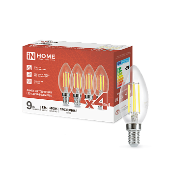 Лампа светодиодная LED-СВЕЧА-deco 4PACK 9Вт 230В Е14 4000К 1040Лм (4шт./упак) прозрачная IN HOME в Хабаровске