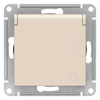 Розетка одинарная AtlasDesign SE с заземлением со шторками с крышкой бежевая в Хабаровске