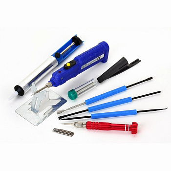 Набор для пайки (паяльник 8Вт, оловоотсос, подставка, припой, отвертка, инструмент для монтажа) REXANT в Хабаровске