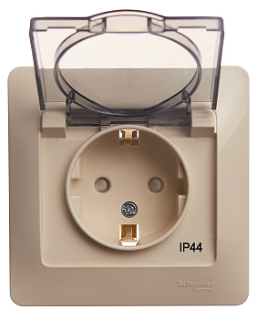 Розетка одинарная Glossa SE IP44 с заземлением со шторками с крышкой бежевая в сборе в Хабаровске