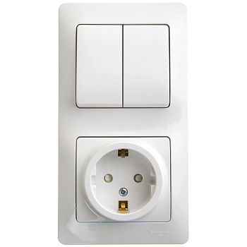 Выключатель двухклавишный с розеткой Glossa SE с заземлением со шторками белый в Хабаровске