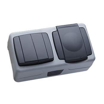 Блок розетка одинарная с з/к с крышкой+выключатель двухклавишный накладной Makel IP55 серый в Хабаровске