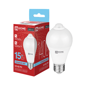 Лампа светодиодная LED-A60 ИД-PRO 15Вт 230В Е27 6500К 1400Лм 5м 35сек с инфракрасным датчиком и датчиком освещенности IN HOME в Хабаровске