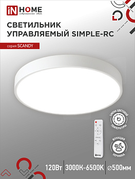 Светильник светодиодный SCANDY SIMPLE-120RCW 120Вт 230В 3000-6500K 9600Лм 500x50мм с пультом ДУ белый IN HOME в Хабаровске
