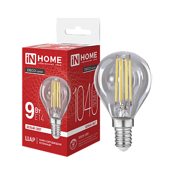 Лампа светодиодная LED-ШАР-deco 9Вт 230В Е14 4000К 1040Лм прозрачная IN HOME в Хабаровске