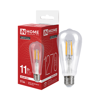 Лампа светодиодная LED-ST64-deco 11Вт 230В Е27 4000К 1270Лм прозрачная IN HOME в Хабаровске