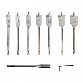 Набор сверл перовых по дереву (9 предметов):14-16-18-20-22-25-30х152мм, удлин., ключ угловой KRANZ в Хабаровске