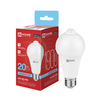 Лампа светодиодная LED-A65 ИД-PRO 20Вт 230В Е27 6500К 1900Лм 5м 35сек с инфракрасным датчиком и датчиком освещенности IN HOME в Хабаровске
