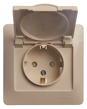 Розетка одинарная Glossa SE с крышкой с заземлением бежевая в сборе в Хабаровске