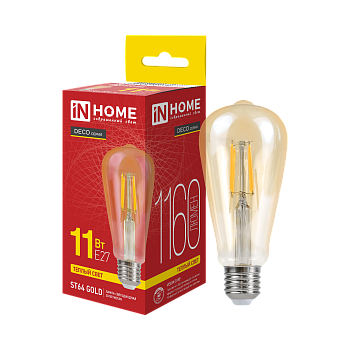 Лампа светодиодная LED-ST64-deco gold 11Вт 230В Е27 3000К 1160Лм золотистая IN HOME в Хабаровске