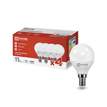 Лампа светодиодная LED-ШАР-VC 4PACK 11Вт 230В Е14 4000К 1050Лм (4шт./упак) IN HOME в Хабаровске