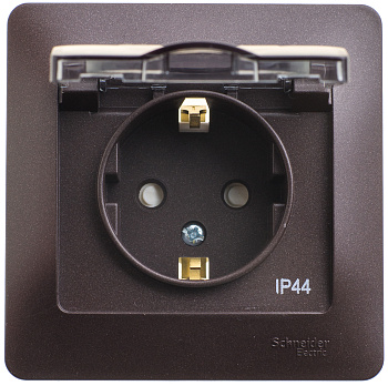 Розетка одинарная Glossa SE IP44 с заземлением со шторками с крышкой шоколад в сборе в Хабаровске