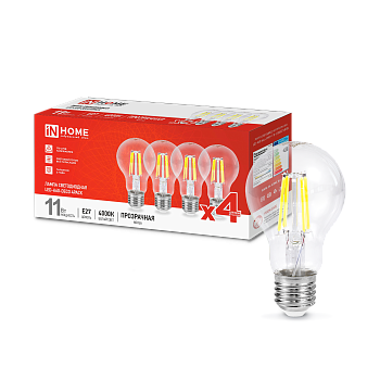 Лампа светодиодная LED-A60-deco 4PACK 11Вт 230В Е27 4000К 1160Лм (4шт./упак) прозрачная IN HOME в Хабаровске