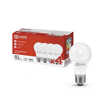 Лампа светодиодная LED-A60-VC 4PACK 10Вт 230В Е27 4000К 950Лм (4шт./упак) IN HOME в Хабаровске