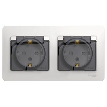 Розетка двойная Glossa SE IP44 с заземлением со шторками белая в сборе в Хабаровске