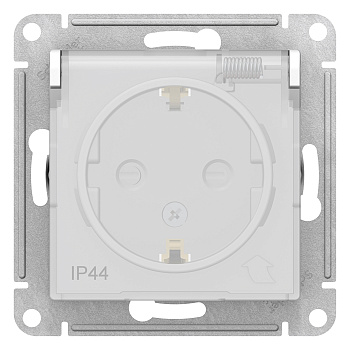 Розетка одинарная AtlasDesign AQUA IP44 SE с заземлением со шторками с крышкой белая в Хабаровске