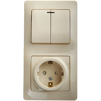 Выключатель двухклавишный с розеткой Glossa SE с заземлением со шторками с подсветкой бежевый в Хабаровске