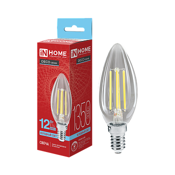 Лампа светодиодная LED-СВЕЧА-deco 12Вт 230В Е14 6500К 1350Лм прозрачная IN HOME в Хабаровске