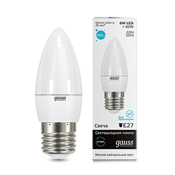 Лампа светодиодная LED-СВЕЧА 6Вт E27 4100K 450Лм Elementary GAUSS в Хабаровске