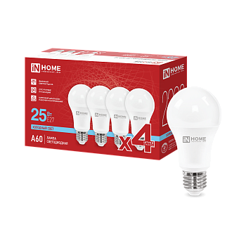 Лампа светодиодная LED-A60-VC 4PACK 25Вт 230В Е27 6500К 2380Лм (4шт./упак) IN HOME в Хабаровске