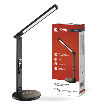 Светильник настольный светодиодный PLUS ССО-18Ч 12Вт 3000-6500К 600Лм сенсор, с беспроводной зарядкой, часы, температура, с адаптером ЧЕРНЫЙ IN HOME в Хабаровске