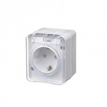 Розетка одинарная AtlasDesign SE Profi54 накладная с з/к со шторками с крышкой белая в Хабаровске