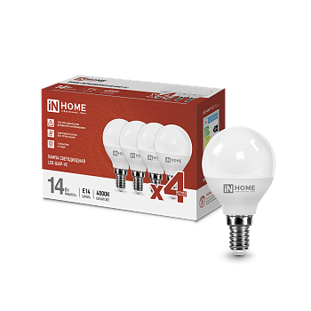 Лампа светодиодная LED-ШАР-VC 4PACK 14Вт 230В Е14 4000К 1330Лм (4шт./упак) IN HOME в Хабаровске