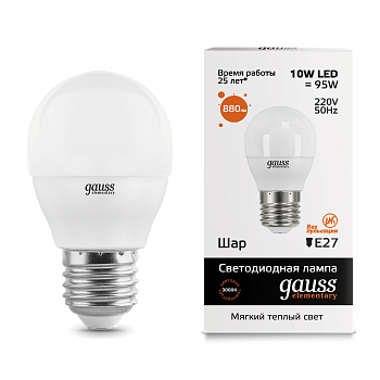 Лампа светодиодная LED-ШАР 10Вт E27 3000K 880Лм Elementary GAUSS в Хабаровске