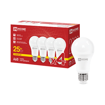Лампа светодиодная LED-A60-VC 4PACK 25Вт 230В Е27 3000К 2380Лм (4шт./упак) IN HOME в Хабаровске