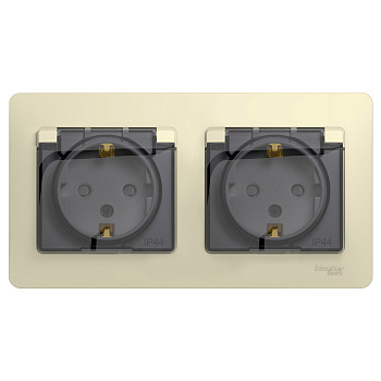 Розетка двойная Glossa SE IP44 с заземлением со шторками бежевая в сборе в Хабаровске