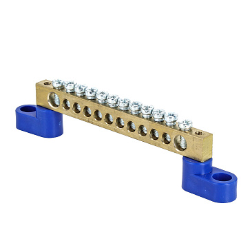 Шина "0" N (8х12мм) 12 отверстий латунь 2 синих угловых изолятора EKF PROxima в Хабаровске